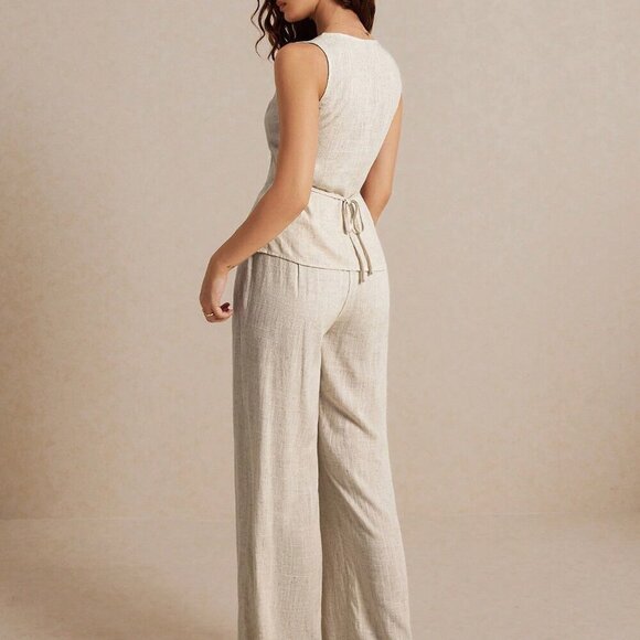 Khaki Casual Women's Summer Linen Color Linen Suit Vest Two-Piece Set - Picture 5 of 7